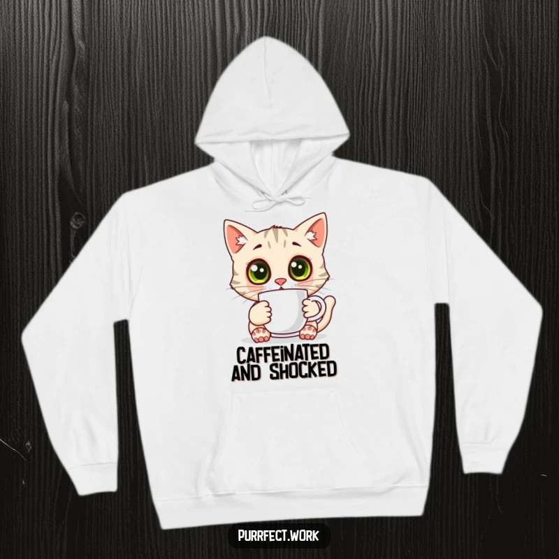 Funny surprised cat hoodie, a cat with wide eyes clutching a coffee mug, cozy and expressive.