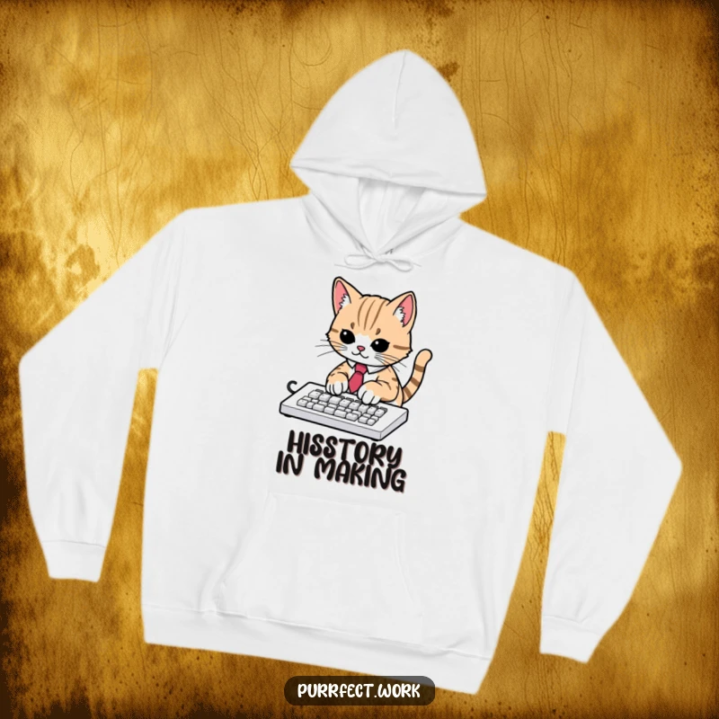Funny hoodie design of a cat in a suit tie, furiously typing on a laptop, perfect for office or home work humor.