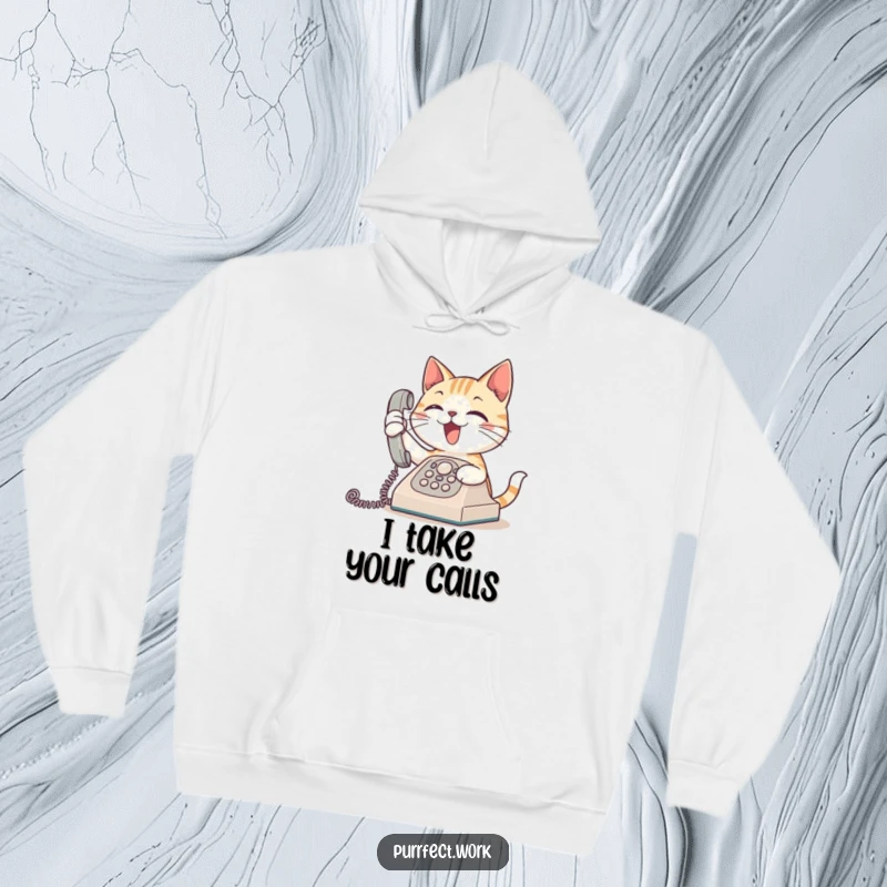 Funny hoodie design of an excited cat answering a ringing phone, perfect for social butterflies and humor lovers.