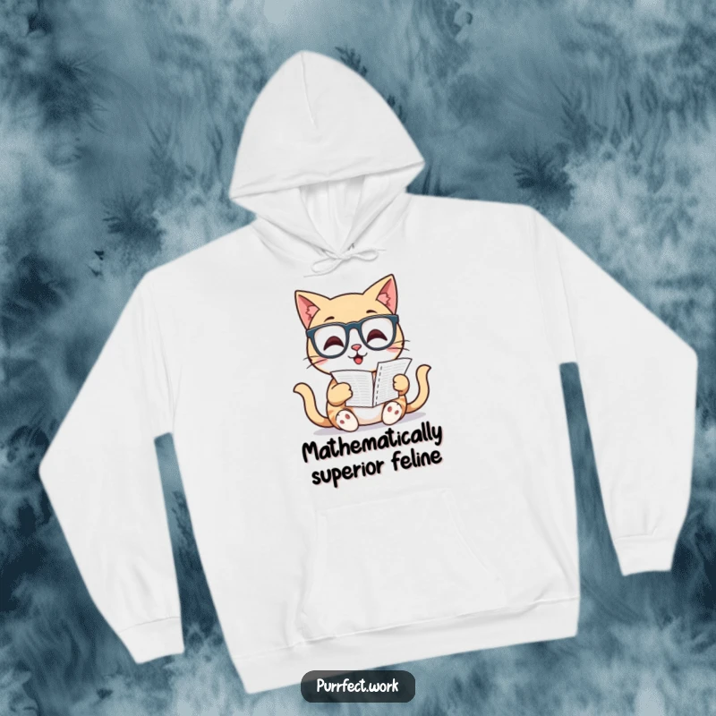 Funny Cat Hoodie: A studious cat in glasses intently reads a spreadsheet, embodying intellectual humor for cozy wear.