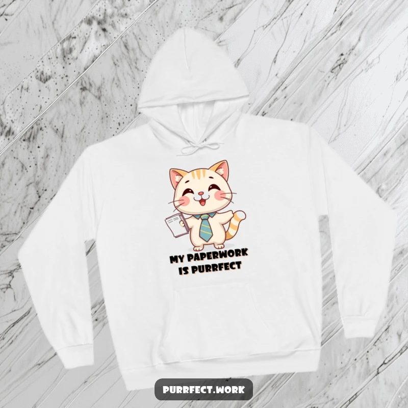 Funny hoodie with a happy cat sporting a tiny tie, presenting a neat stack of papers, symbolizing organized enthusiasm.