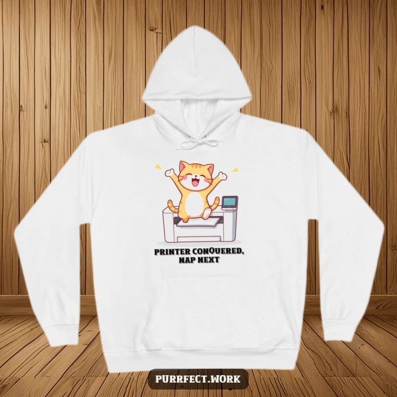 Funny cat in a victorious leap over a printer, conveying immense joy and humor, printed on a soft, warm hoodie.