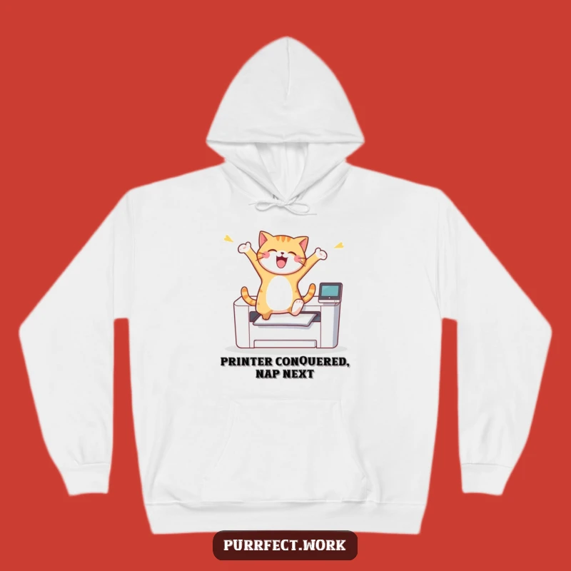 Funny Cat Printer Leap Hoodie: Cozy Feline Celebration, Warm and Hilarious Gift