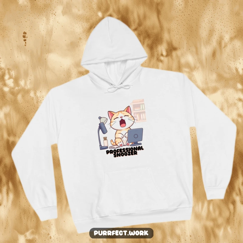 Funny Sleepy Cat Hoodie: A warm sweatshirt showing a cat yawning profoundly while sitting at a desk, embodying exhaustion humorously.