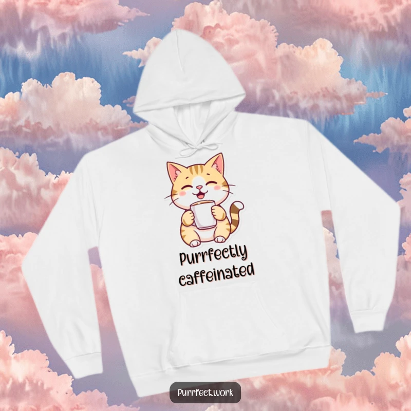 Funny cheerful cat holding a miniature coffee cup, featured on a soft hoodie, perfect for cozy, humorous wear.