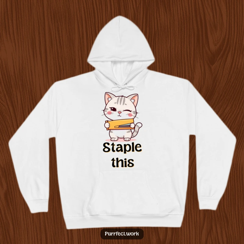 Funny hoodie featuring a winking cat holding a tiny stapler, offering comfort and a ready-for-action vibe.