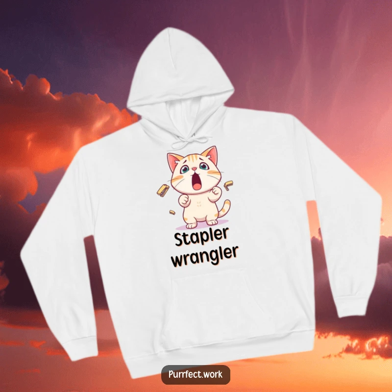 Funny Hoodie featuring a surprised cat character comically juggling tiny staplers, symbolizing the chaotic yet humorous nature of office life.