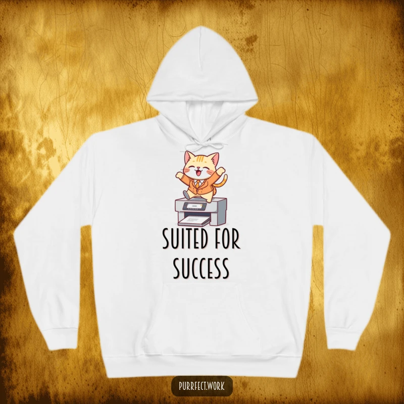 Funny cat hoodie, a cat in a tiny suit jumping over a printer, warm and motivational.