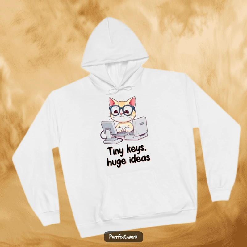 Funny hoodie displaying a cute cat wearing glasses, diligently typing on a tiny computer, radiating a smart and humorous personality.
