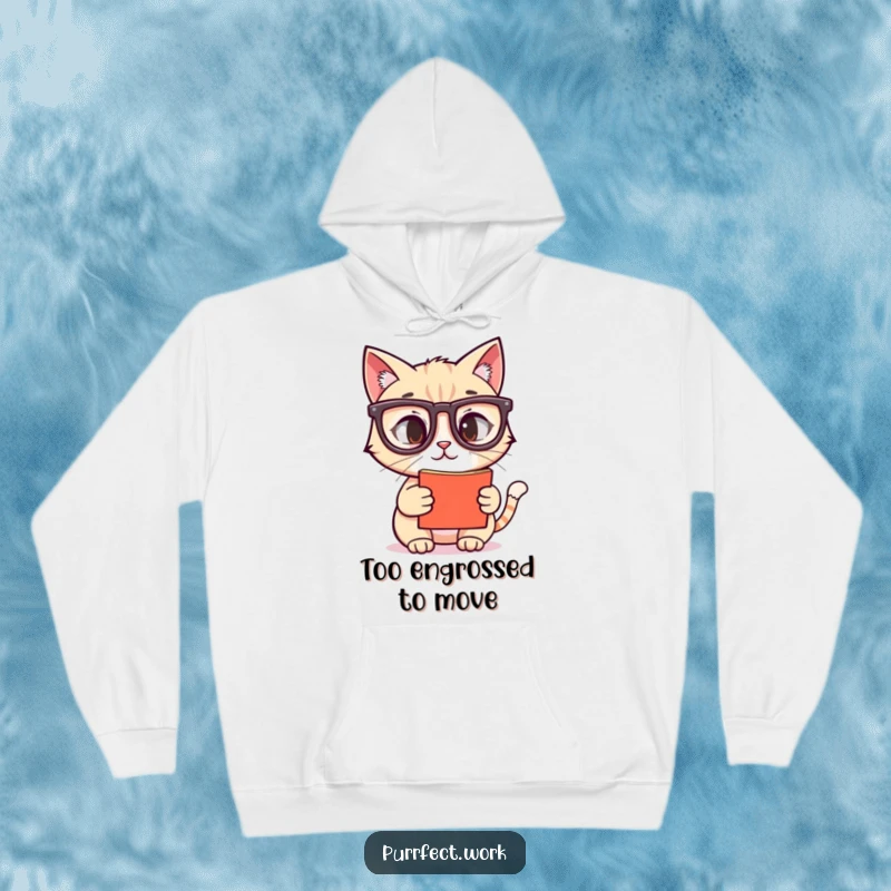 Funny hoodie with a cat wearing glasses peering intently at a computer screen, ideal funny gift for cozy screen lovers.