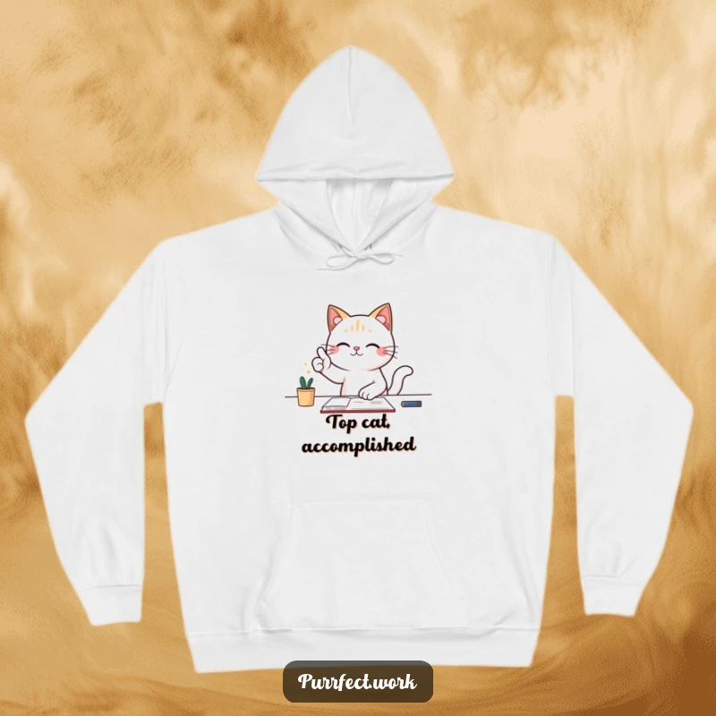 Funny hoodie depicting a cat at a desk giving a triumphant thumbs-up, showcasing achievement and pride.