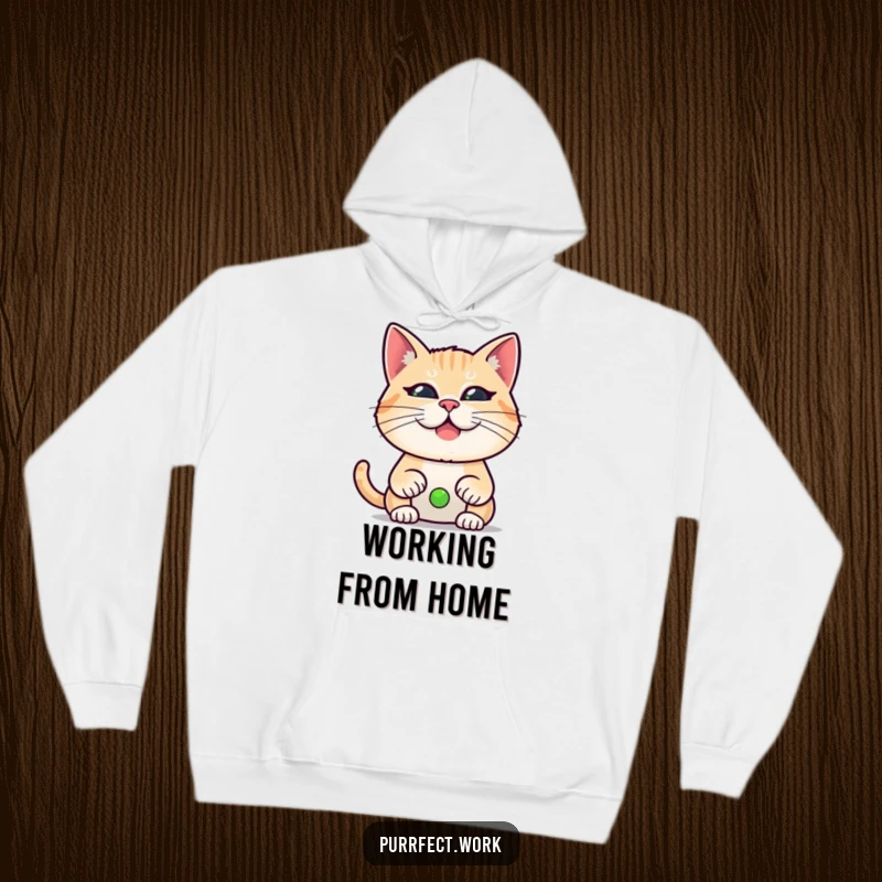 Funny hoodie featuring a cat making a funny face during a video call, symbolizing relatable work-from-home moments.