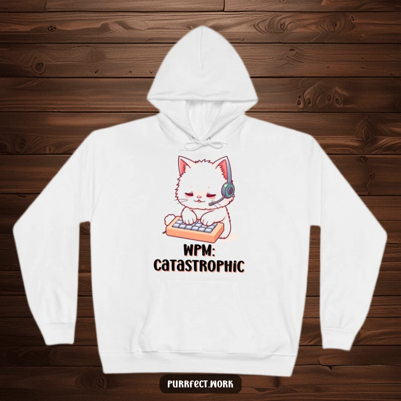Funny and cozy hoodie featuring a white cat wearing a headset and typing on a keyboard. Humorous techie and cat lover apparel.