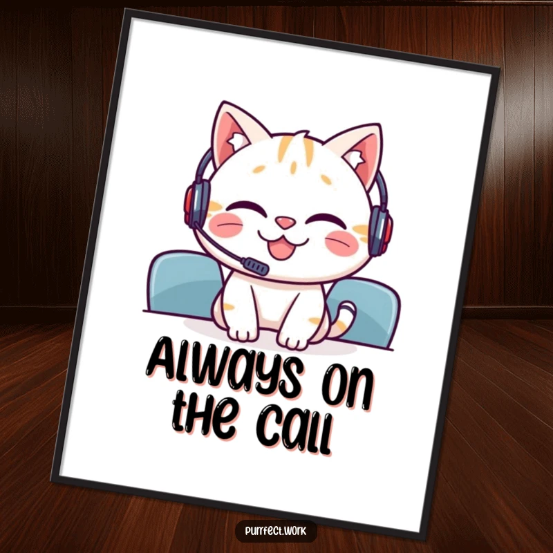 Funny Free Printable Wall Art: Grinning cat wearing a mini headset looks engaged and happy in a virtual meeting.