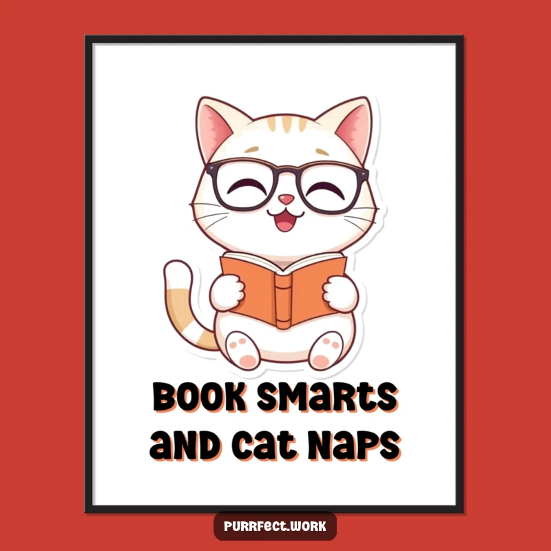 Free Printable Book Cat Art: Smiling Cat Glasses Reading Downloadable Decor
