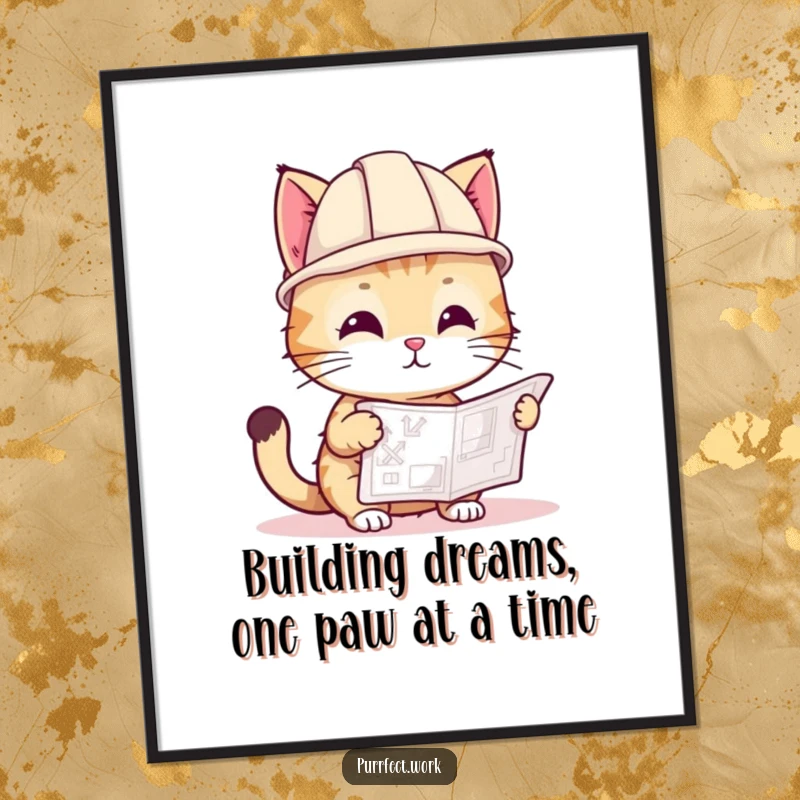 Funny Free Printable Wall Art: A playful cat wearing a tiny hard hat intently studies a detailed blueprint.