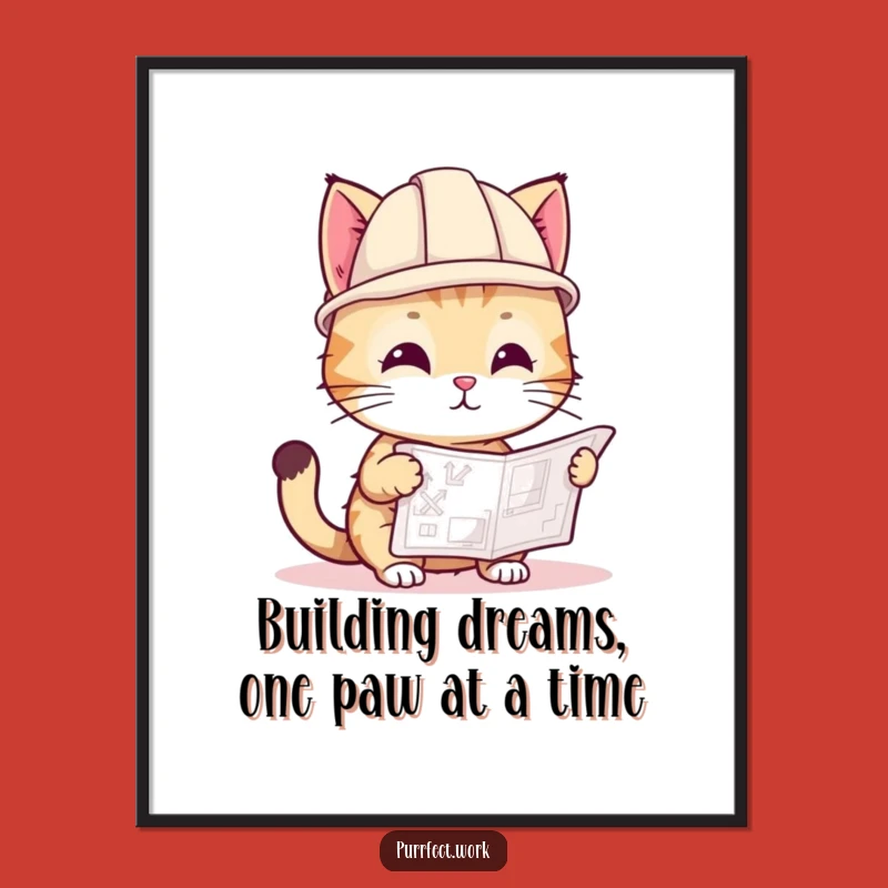 Free Printable Wall Art: Construction Cat Examining Blueprints - Downloadable DIY Decor