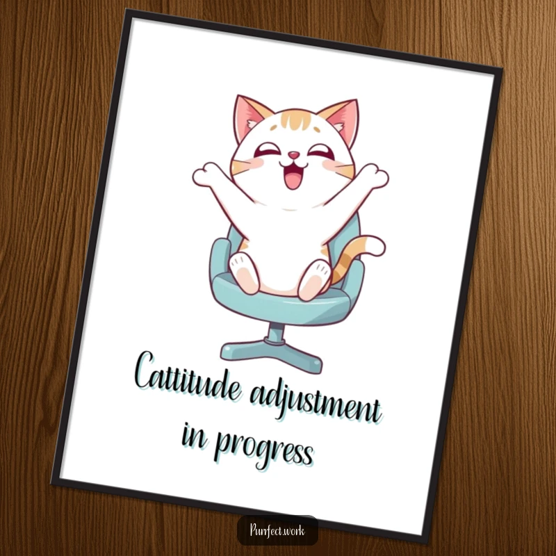 Funny Free Printable Wall Art: Cat joyfully spins on a swivel chair, a dynamic piece of downloadable art.