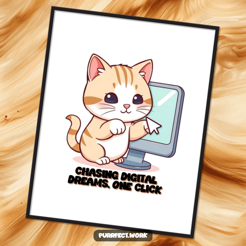 Funny Free Printable Wall Art: A focused cat pawing at a computer mouse cursor on a screen, depicting digital fun.
