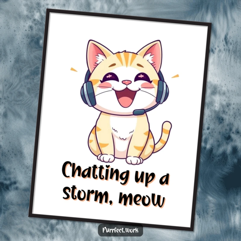 Funny Free Printable Wall Art of a cheerful cat wearing a headset, talking animatedly, perfect for a fun and quirky room.