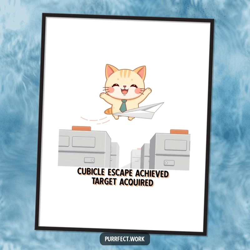 Funny Free Printable Wall Art: Joyful cat wearing a tie soars on a paper airplane over cubicles, a humorous office escape.