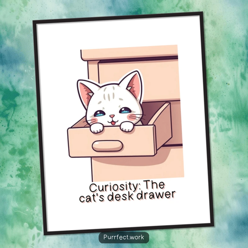Funny Free Printable Wall Art: A curious cat is playfully peeking out from a slightly open desk drawer, adding a touch of whimsy.