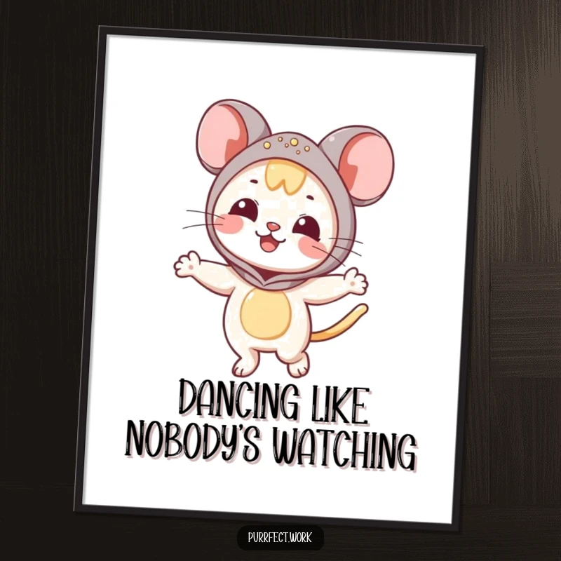 Funny Free Printable Wall Art: A cat wearing a playful mouse mascot costume is captured mid-dance, radiating pure happiness.