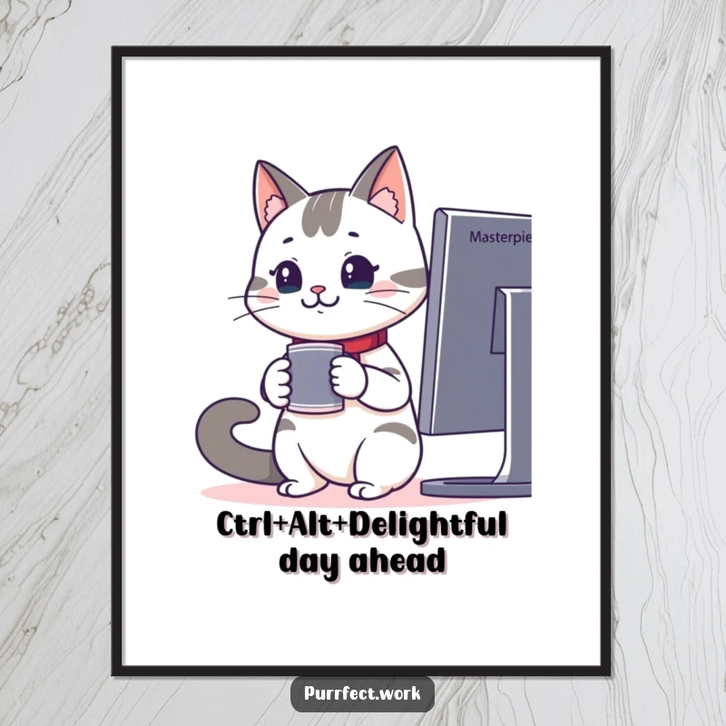 Funny Free Printable Wall Art: Cheerful office cat with coffee intently gazes at a computer monitor, ready to work.