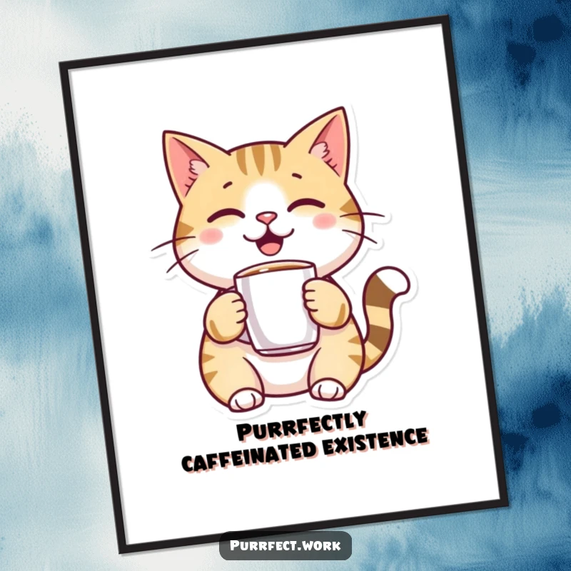 Funny Free Printable Wall Art: A cheerful cat holds a small coffee mug, exuding relaxation and morning vibes.