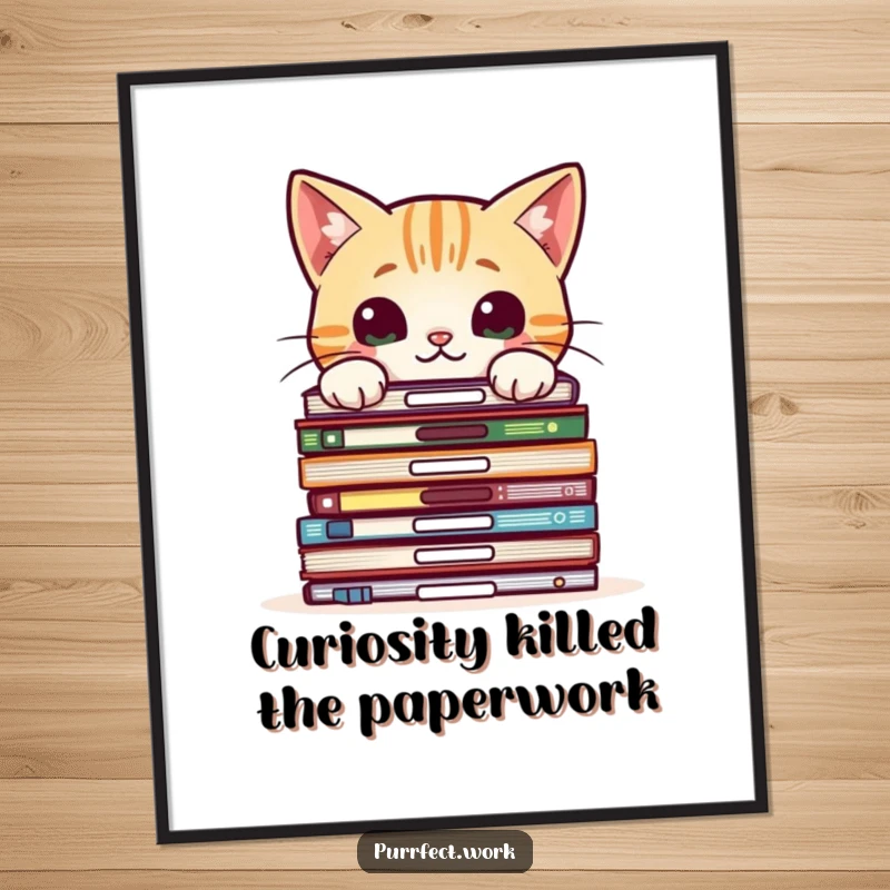 Funny Free Printable Wall Art: Curious cat with big eyes peeking over a daunting stack of office files, whimsical art.