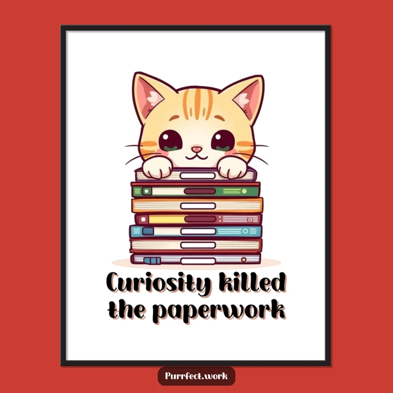 Free Printable Wall Art: Curious Cat, File Stack, Downloadable Quirky Decor