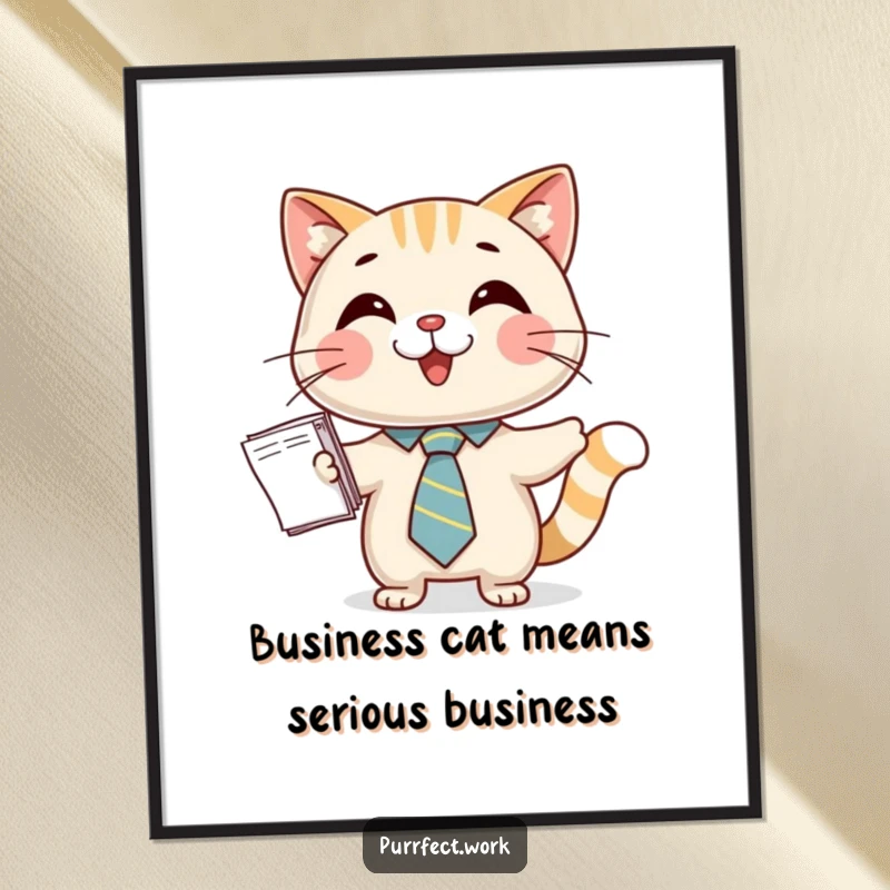 Funny Free Printable Wall Art: A happy cat wearing a tiny tie proudly presents a stack of important papers.