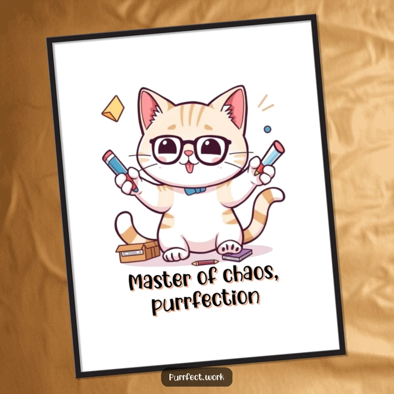 Funny Free Printable Wall Art depicting a cat character skillfully juggling various office supplies with focused paws.