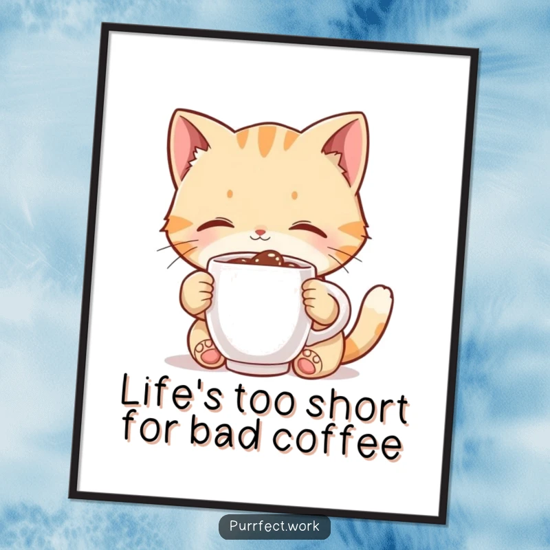 Funny free printable wall art: a cute, happy cat joyfully sips from a tiny coffee mug, perfect for a kitchen or desk.