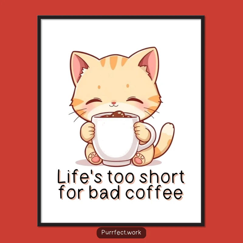 Free Printable Wall Art: Funny Cat Sipping Coffee, Quirky Downloadable Art