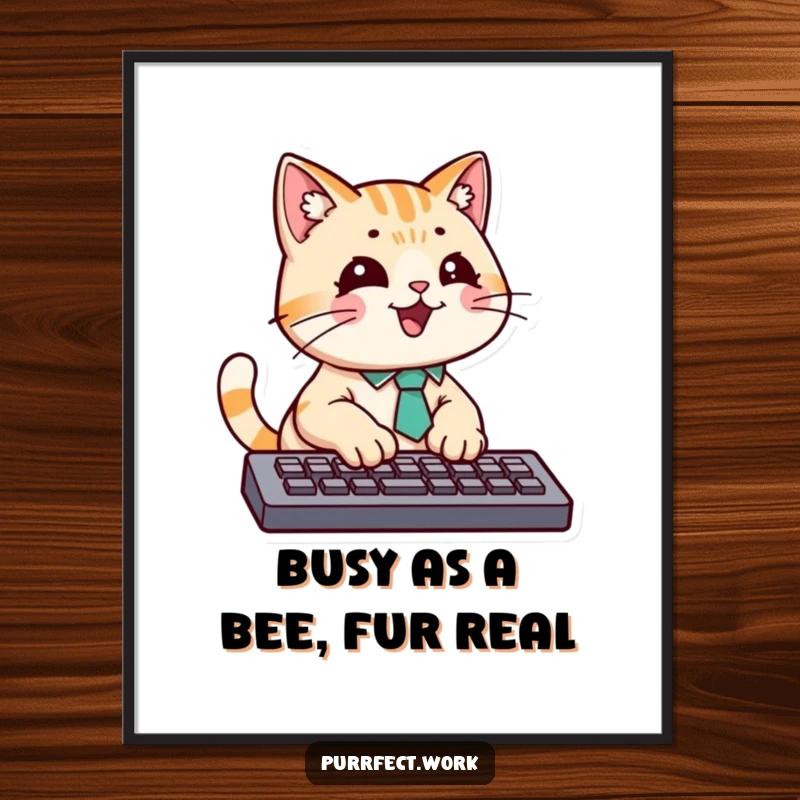 Funny Free Printable Wall Art of a cat in a tiny tie, energetically typing on a keyboard at a desk.