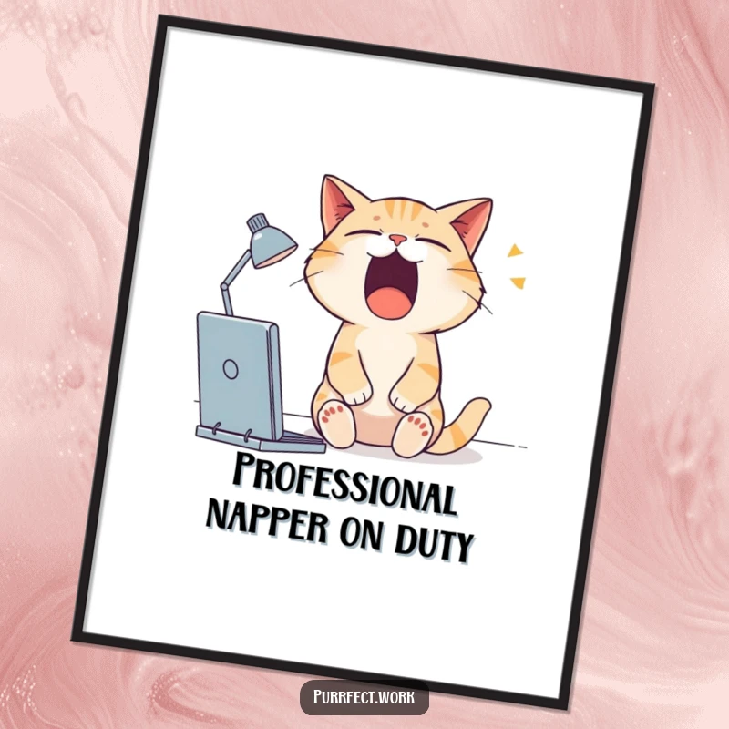 Funny Free Printable Wall Art: A sleepy cat at its desk, yawning so wide its eyes are almost closed, perfect for a cozy atmosphere.