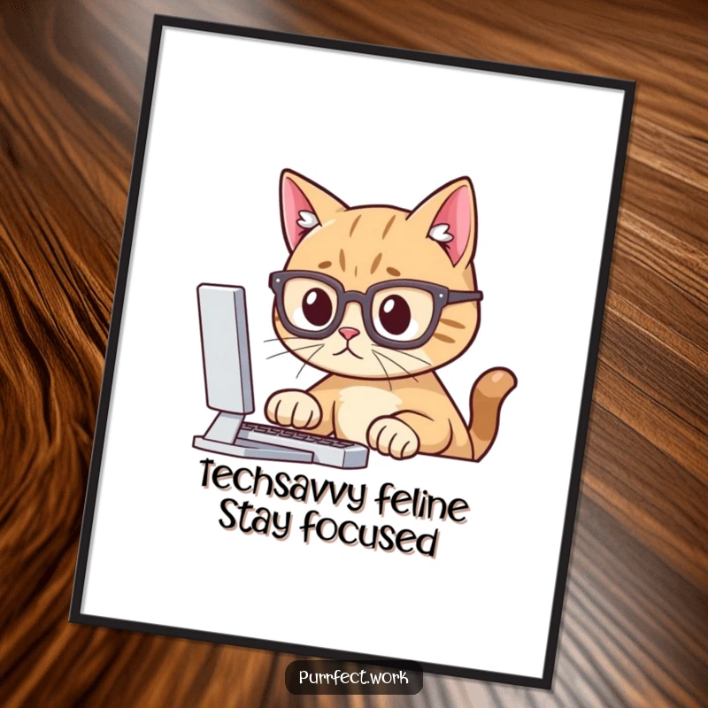 Funny Free Printable Wall Art: A cat with glasses intensely gazes at a computer screen, ideal for office humor.