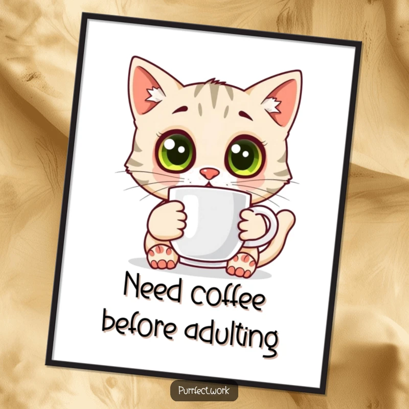 Funny Free Printable Wall Art: A cat with comically wide eyes holds a coffee mug, looking surprised, perfect for a humorous space.