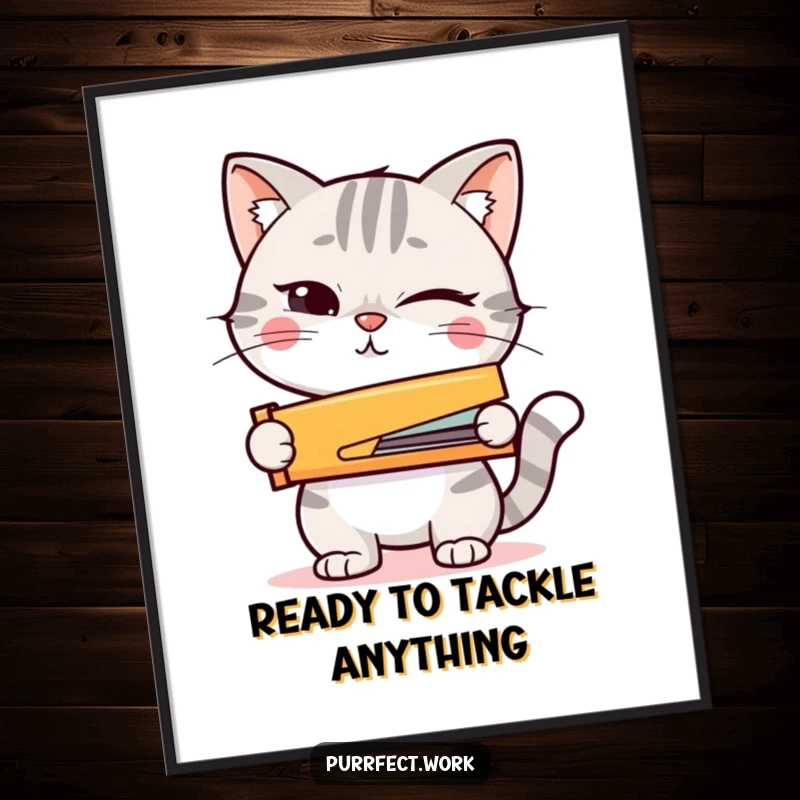 Funny Free Printable Wall Art: A winking cat holds a tiny stapler like a weapon, ready for office adventures.