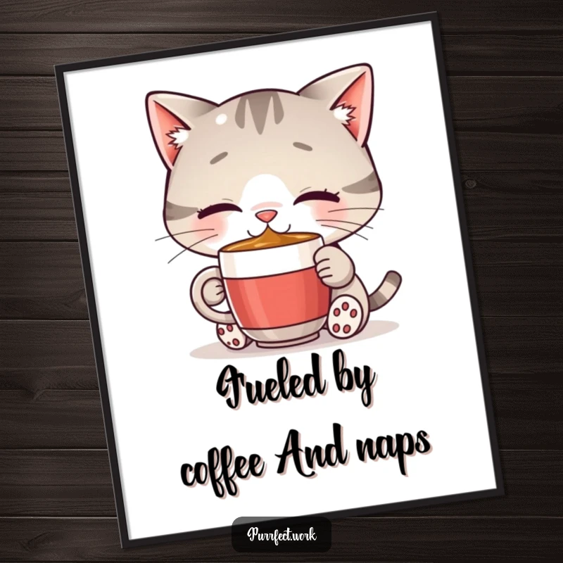 Funny Free Printable Wall Art: A cat gleefully drinking from a tiny coffee mug, adding a touch of whimsy