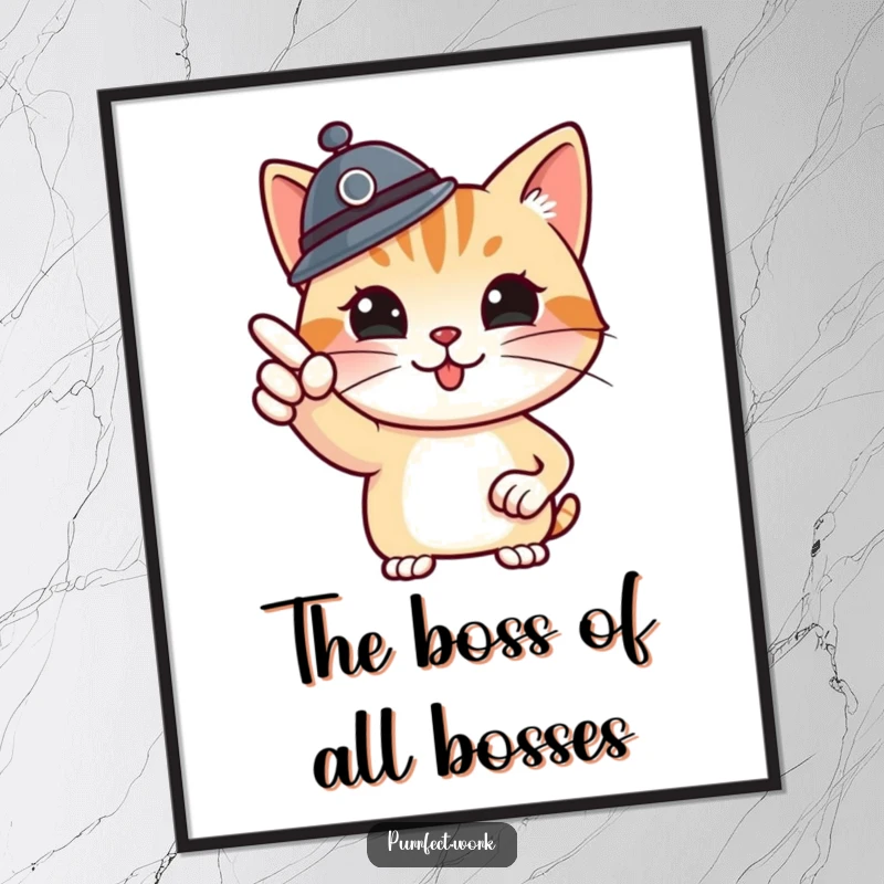 Funny Free Printable Boss Cat Wall Art: Proud cat in a boss hat pointing assertively at a whiteboard.