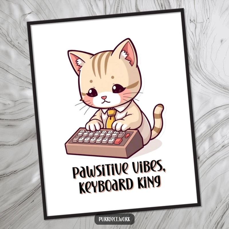 Funny free printable wall art: a cute cat wearing a tiny tie types on a miniature keyboard, looking very professional.