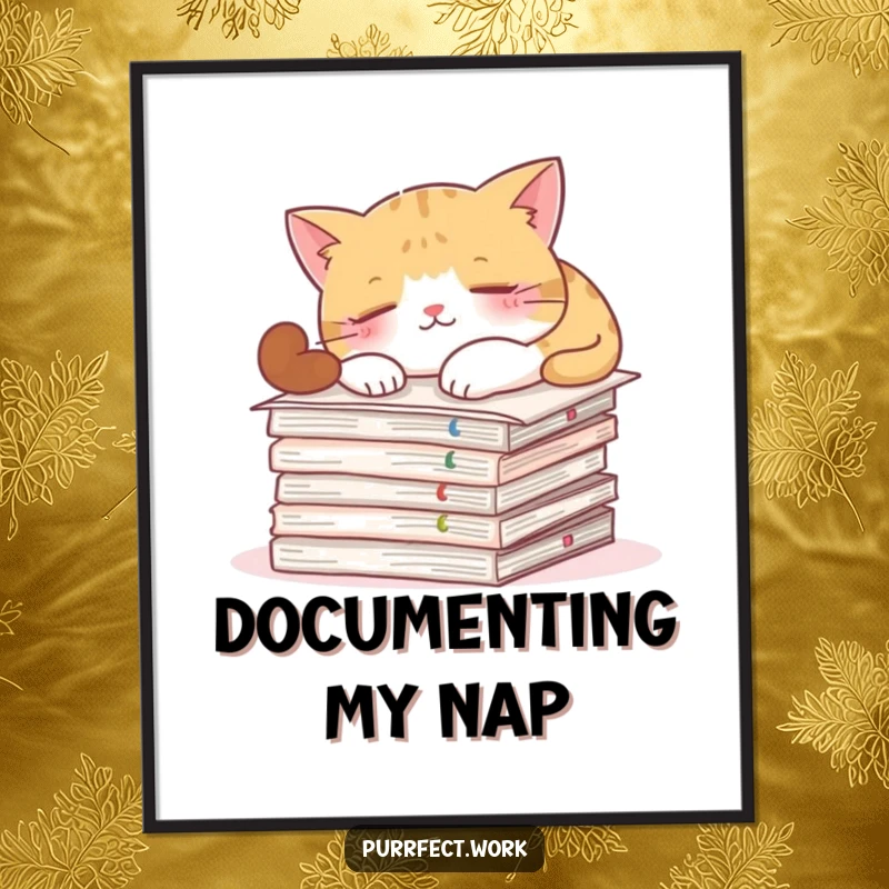 Funny Free Printable Wall Art: A cat sleeps deeply on a stack of official documents, embodying the ultimate work-life balance. Hilarious decor.