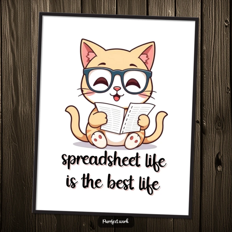 Funny free printable wall art: A bespectacled cat meticulously reads a spreadsheet, hilariously engrossed. Perfect for home office decor.