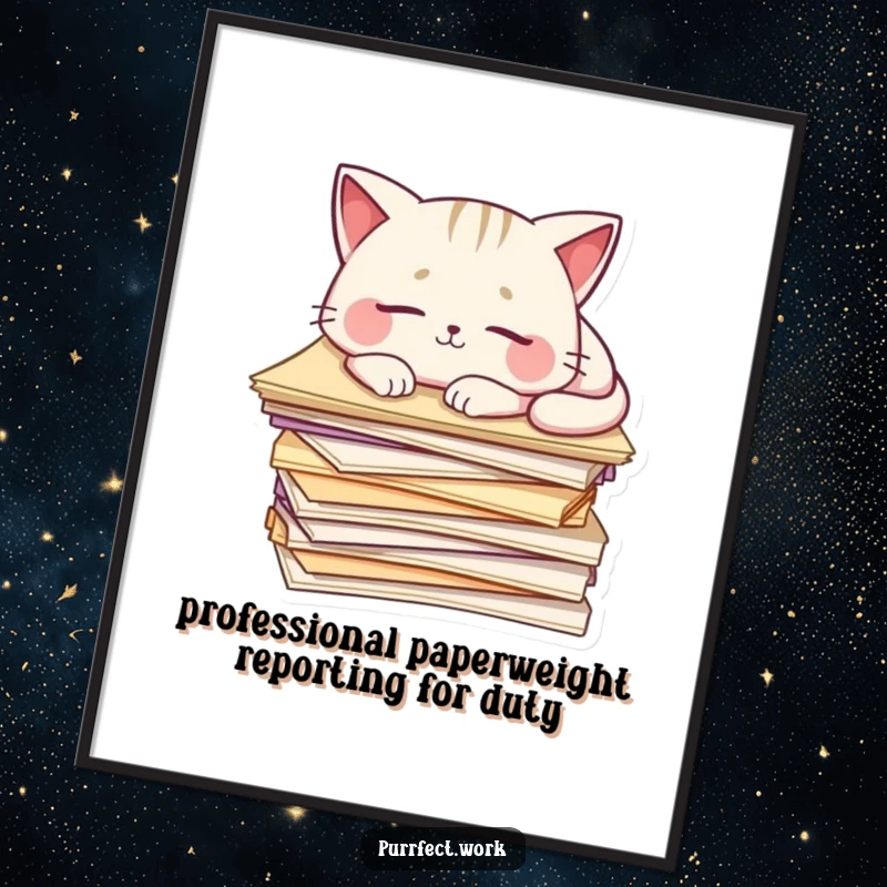 Funny free printable wall art: A cute cat is curled up asleep on a large pile of documents. Adorable home decor.