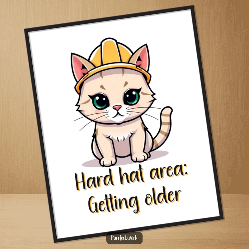 Funny Free Printable Wall Art: A determined cat wearing a small hard hat, looking ready for any construction project.