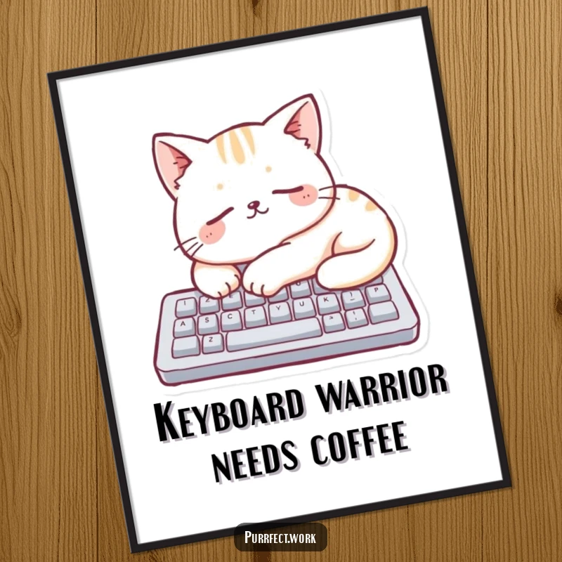 Funny Free Printable Wall Art: A cute cat slumbers on a miniature keyboard, blending tech and adorable laziness.