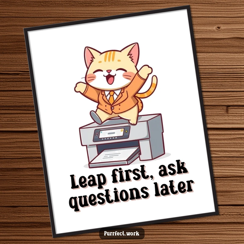 Funny Free Printable Wall Art: A cat in a tiny suit performs an energetic leap over a printer, adding humor to decor.