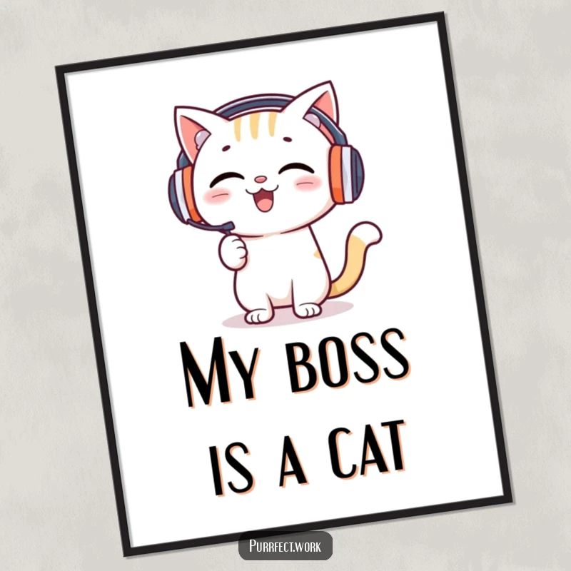 Funny Free Printable Wall Art: Happy cat with headphones energetically gives a presentation, ready to entertain.